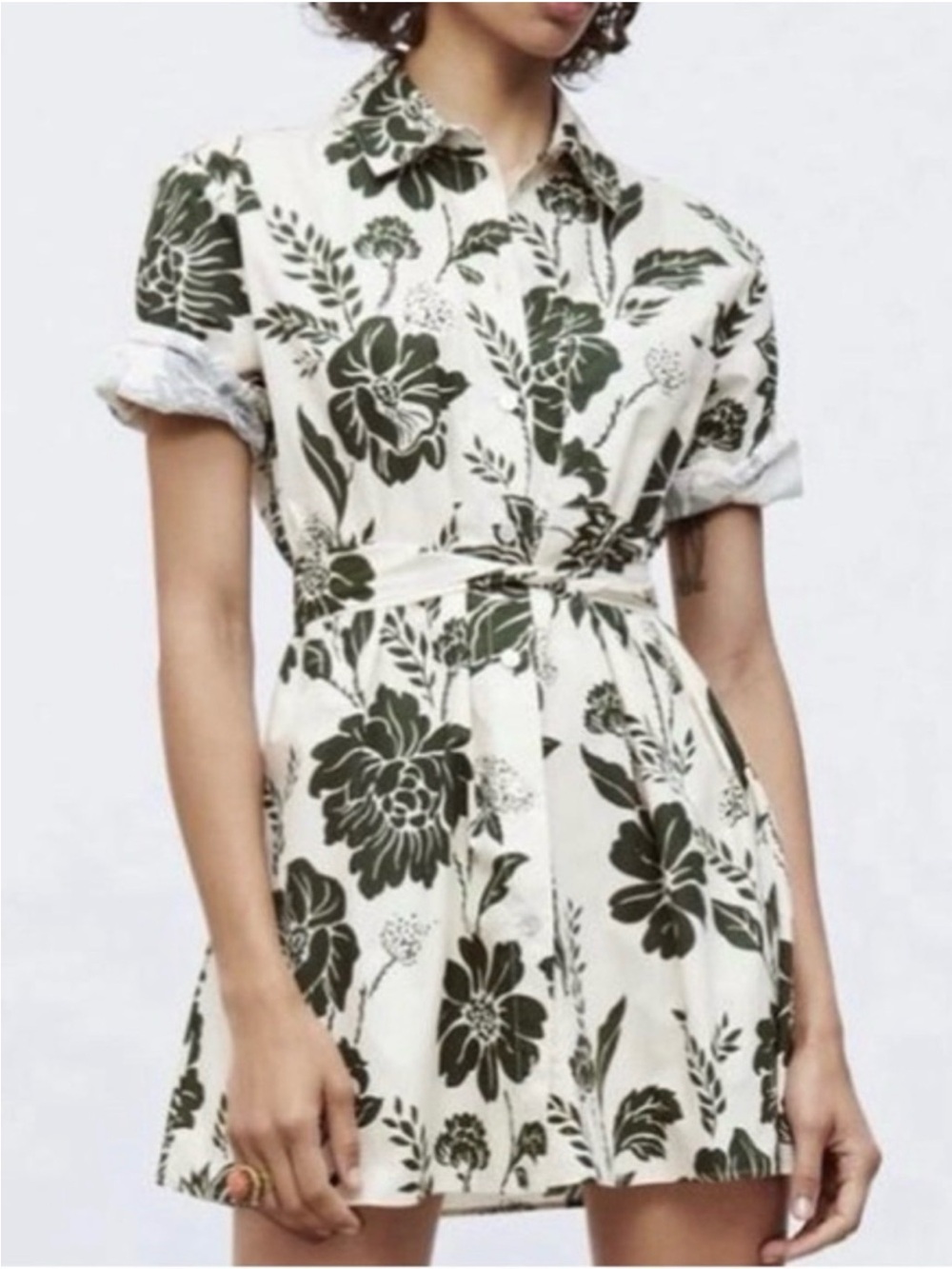 NWT Zara White Mini Shirt Dress with Olive Green Floral Print